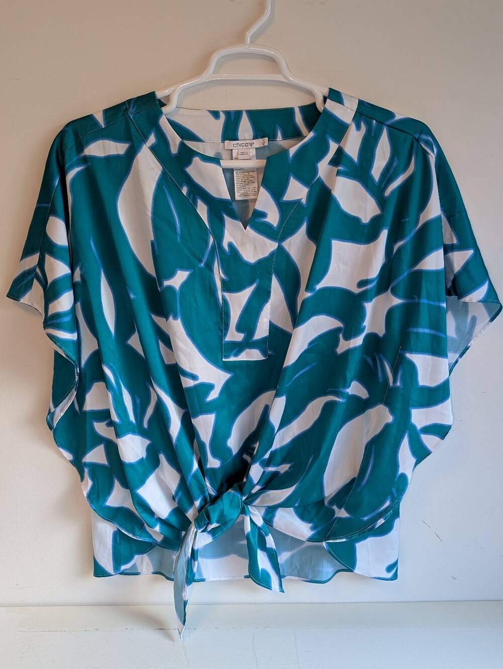 Chico's Teal and White Abstract Tie-Front Blouse Size 12